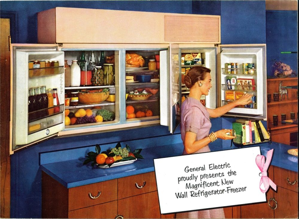 Advertisement for a cabinet fridge showing a woman with mid-century modern style cabinet refrigerator.