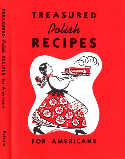 Cover of "Treasured Polish Recipes" with a drawing of a woman holding a tray of steaming food.