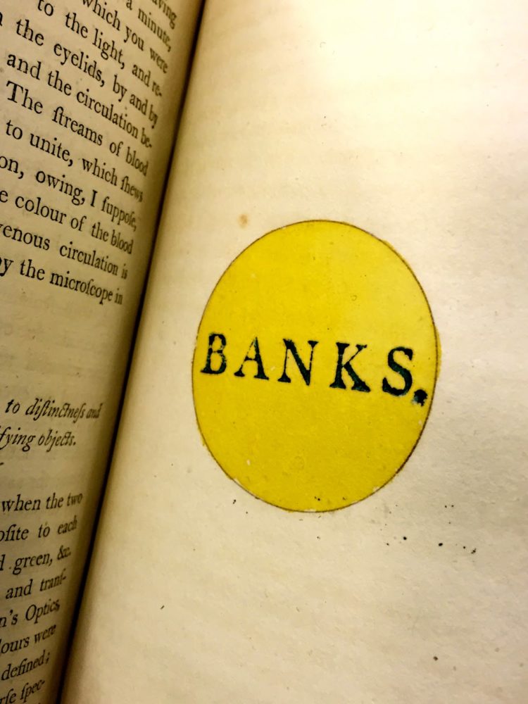 Excerpt from Zoonomia by Erasumus Darwin. The word BANKS in capital letters surrounded by a yellow circle.