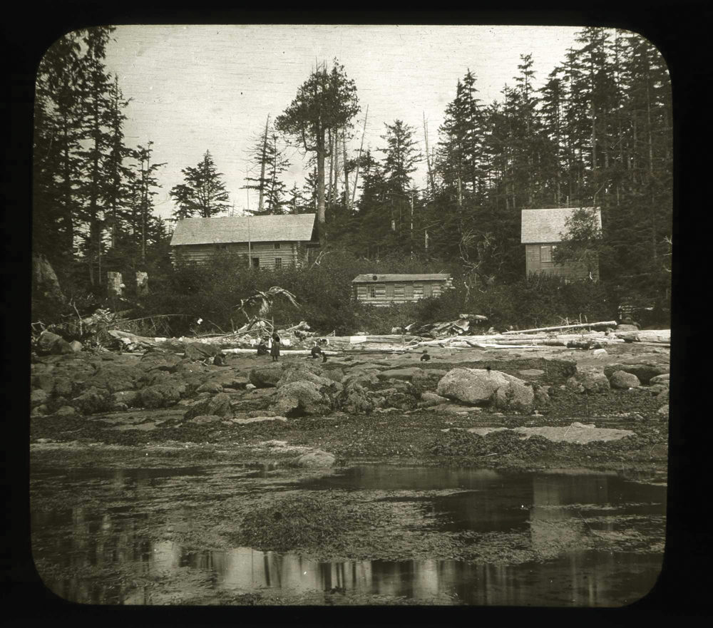 “Class working on the rocks near the Minnesota Seaside Station buildings at low tide.”