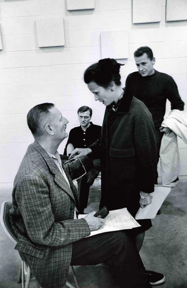 Jessica Tandy, presumably in character as Queen Gertrude, gives director Tyrone Guthrie a piece of her mind in rehearsals for Hamlet, 1963.