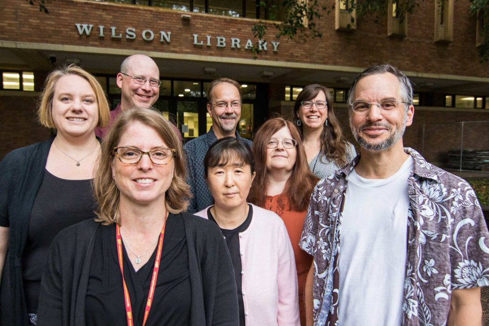 Front row, from left: Amy Nixon, Yumiko Toyota-Kindler, Adam Johnson; Second row: Stacie Traill and Beth Wolszon; Back row: John Halvorson, Christopher Koehler, and Sunshine Carter.