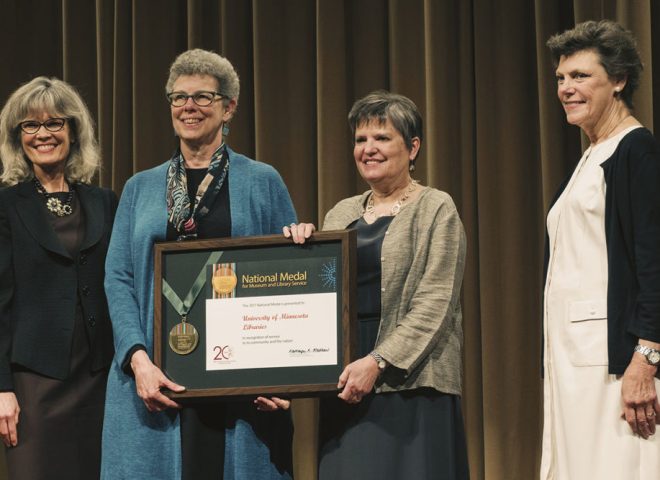 Jennifer Gunn and Wendy Lougee accept the National Medal for Museum and Library Service