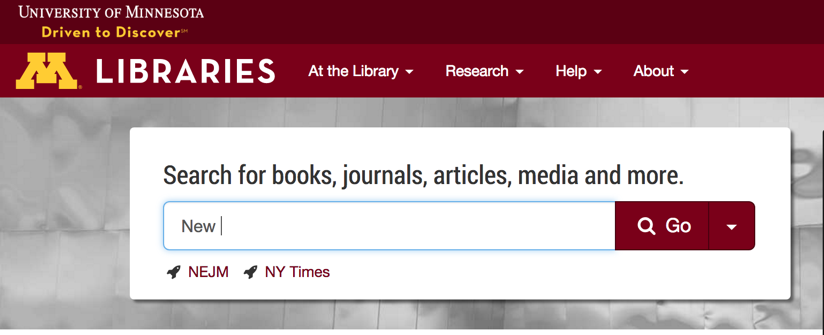 Screen grab of search at lib.umn.edu