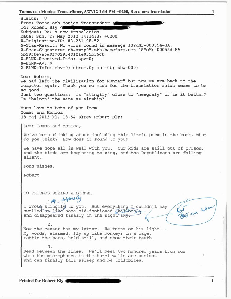 Email from Bly to Tranströmer about Airmail book.