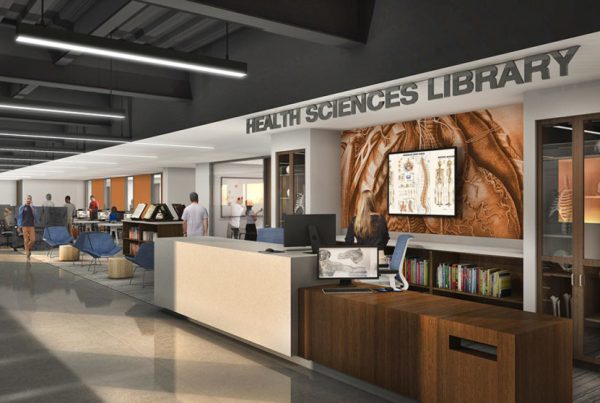 Rendering of the new Health Sciences Library entryway.