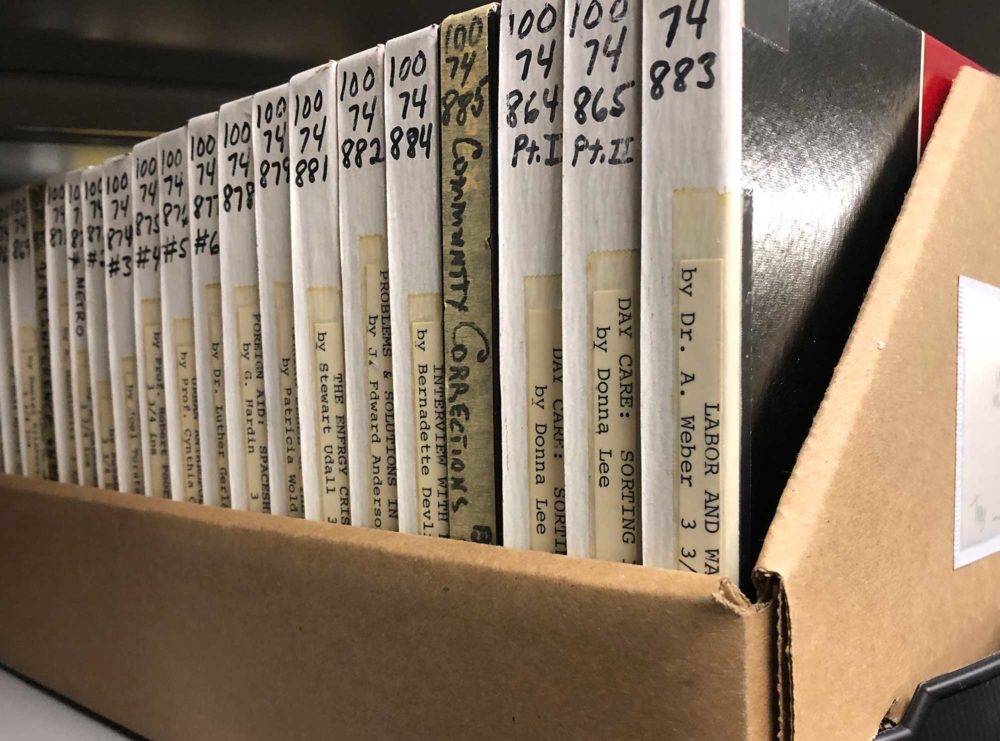 Tray of reel-to-reel tapes