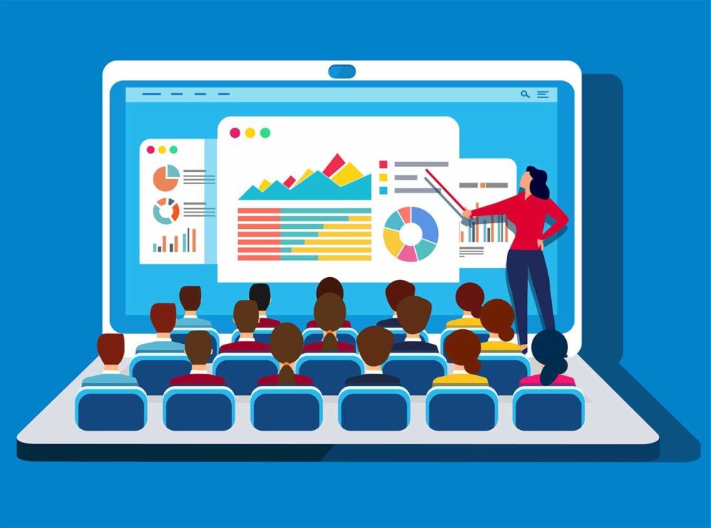 A laptop with an image of a graph with an instructor standing and students sitting on where the laptop keys would be.