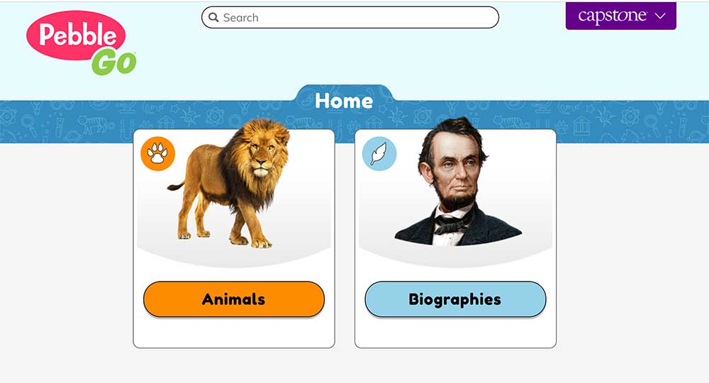PebbleGo Home page