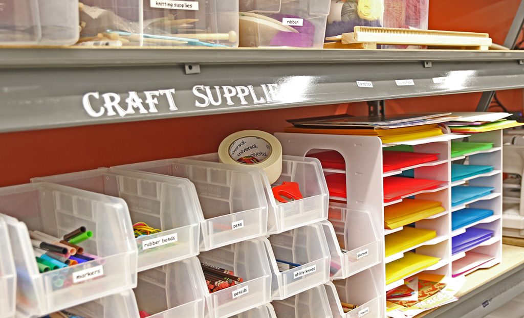 Craft supplies shelves in the Makerspace