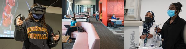 A person wearing a VR headset stands before an anatomic image, a person seated on a couch with a laptop and two individuals wearing masks make up a composite image of people in the Health Sciences Education Building (HSEC).