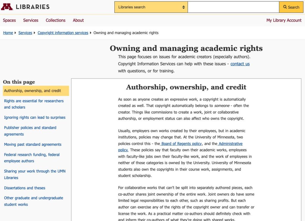 Screenshot of Libraries webpage for author rights