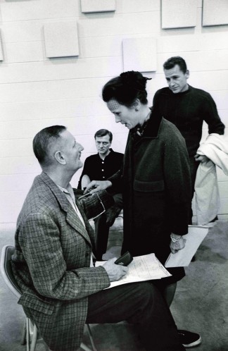 Jessica Tandy, presumably in character as Queen Gertrude, gives director Tyrone Guthrie a piece of her mind in rehearsals for Hamlet, 1963.