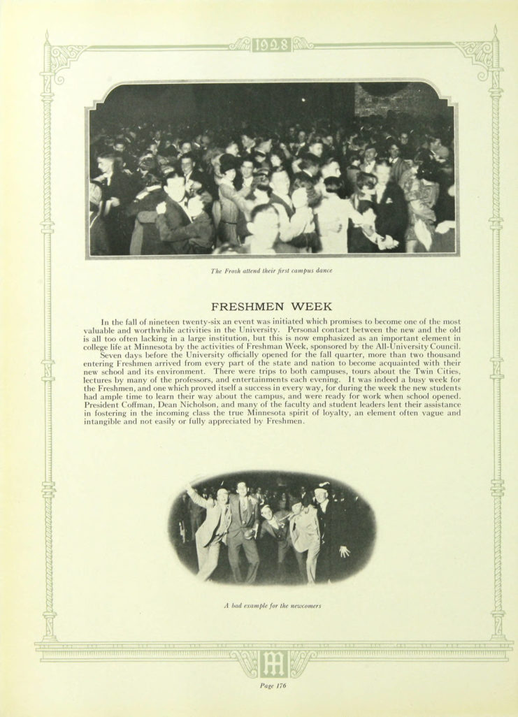 1928 Gopher, Freshman Week page http://purl.umn.edu/134833. Yearbook page includes photograph of students dancing.