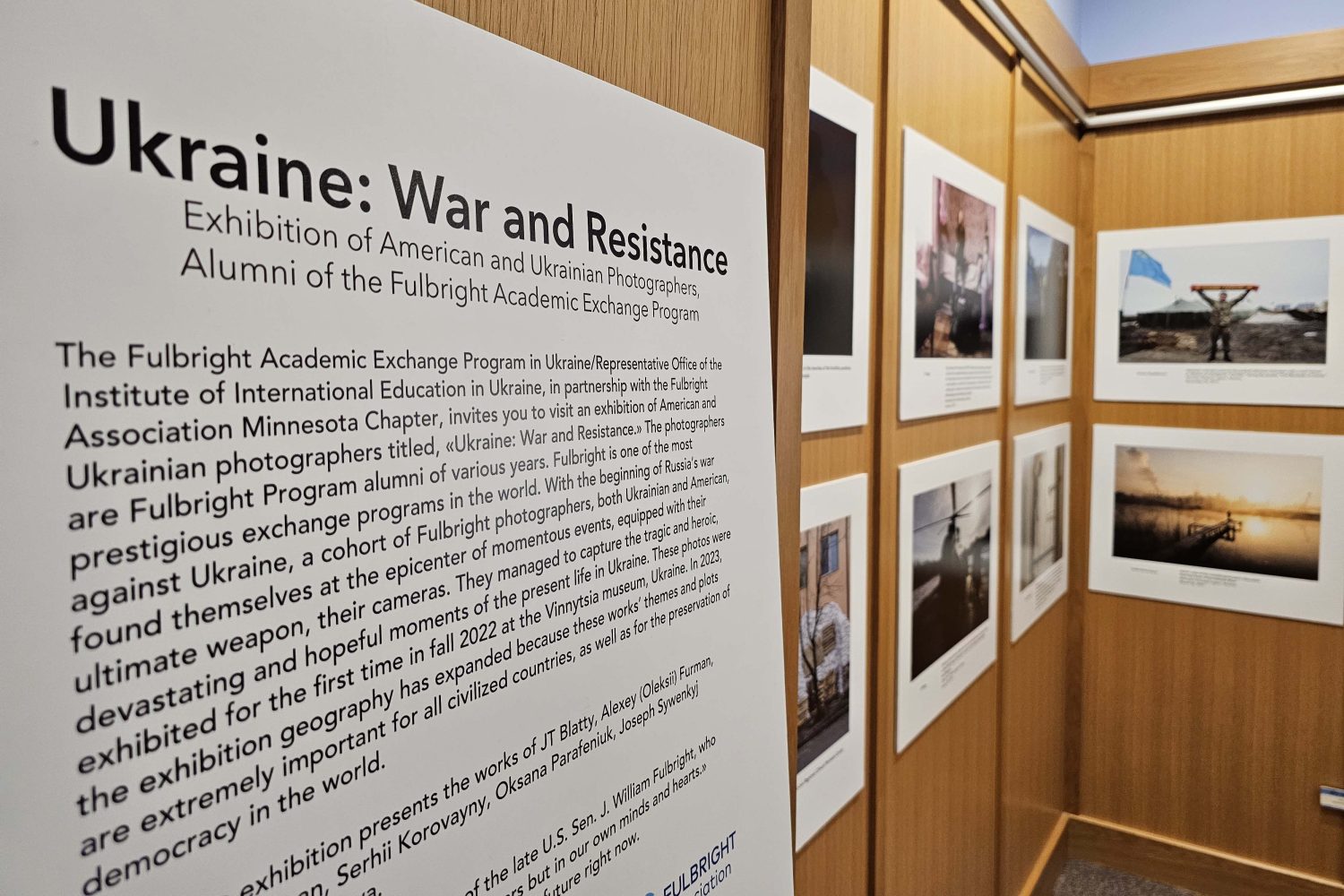 The "Ukraine: War and Resistance" exhibit on display in Elmer L. Andersen Library. (Photo/Karen Carmody-McIntosh)