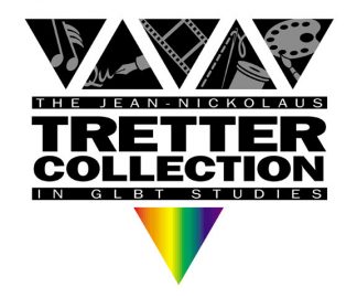 Logo for the Jean-Nickolaus Tretter Collection in GLBT Studies, with full name printed over a triangle broken up into sections with graphics of music notes, art, and a rainbow