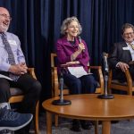 Natan Paradise, director of the Center for Jewish Studies; Riv-Ellen Prell, professor emerita of American Studies at UMN; and Steve Hunegs, executive director of the Jewish Community Relations Council of Minnesota and the Dakotas, have a round-table discussion at the Symbolic Significance exhibit opening event on Monday, Sept. 11, 2023. (Photo/Adria Carpenter)