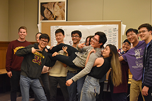 Taking second place was The Fighting Calculators — Jane Wang, Cody Hou, Saumik Narayanan, Kyle Korkko — hanging out here with some friends.