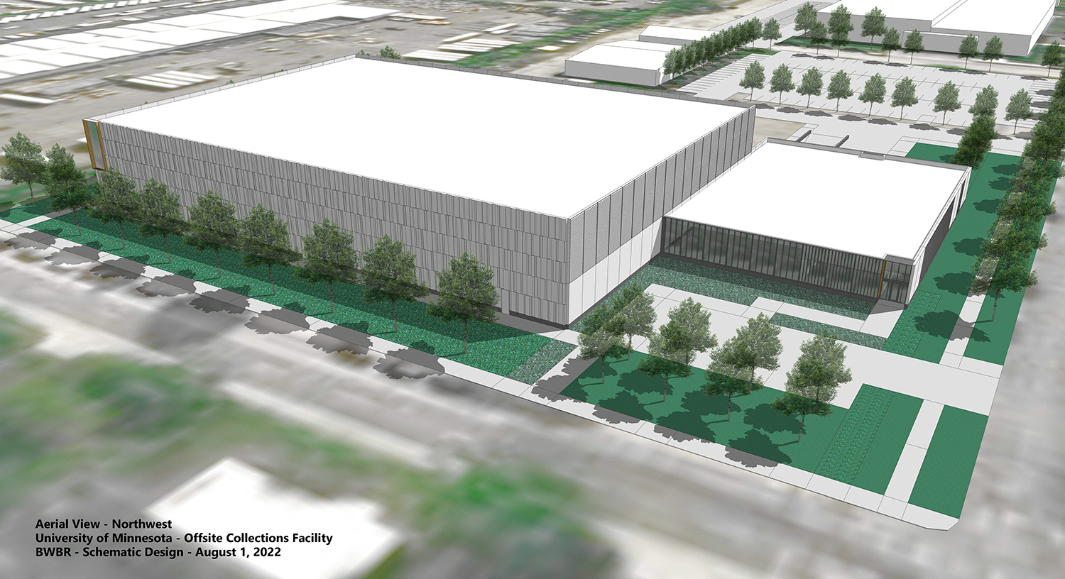 Illustration of a large white modular one-story building on a tree-lined block