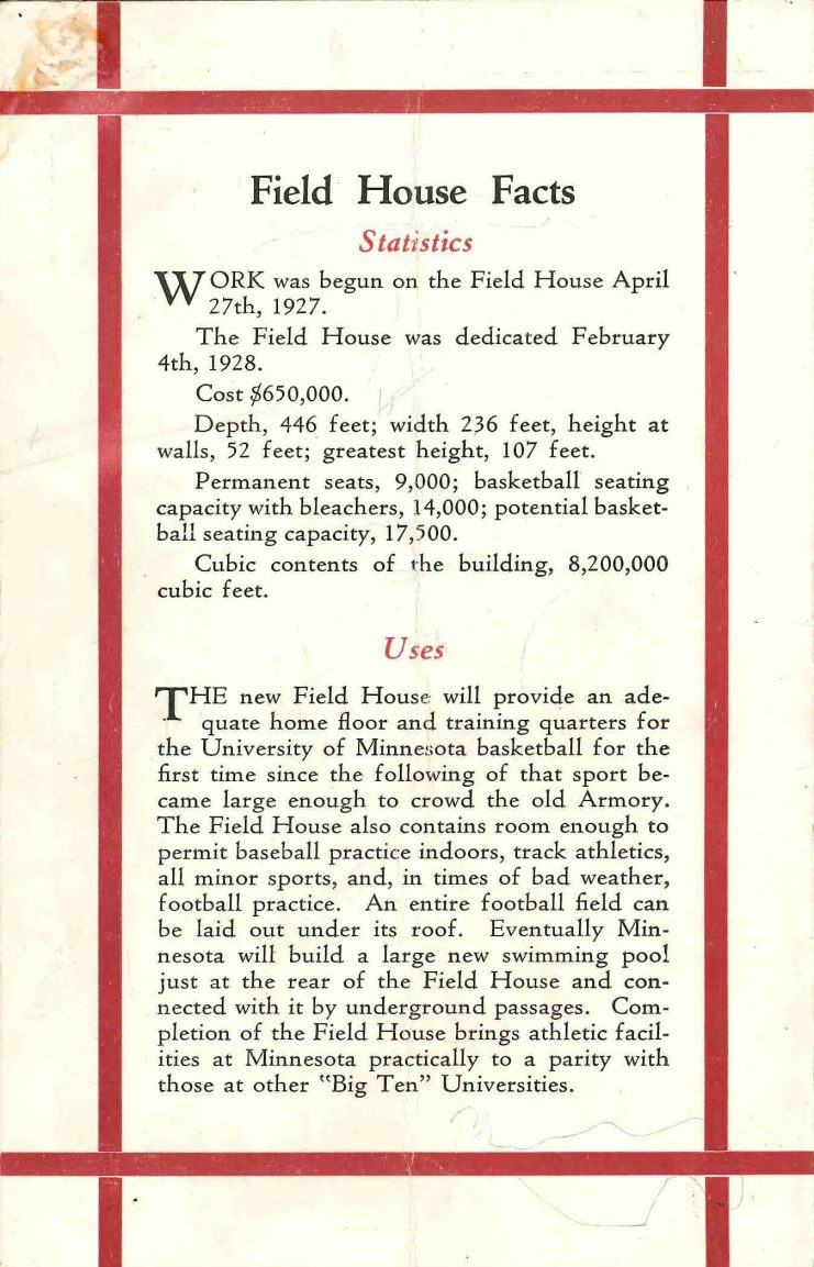 The back cover detailed the Field House’s dimensions, capacity, and future uses.