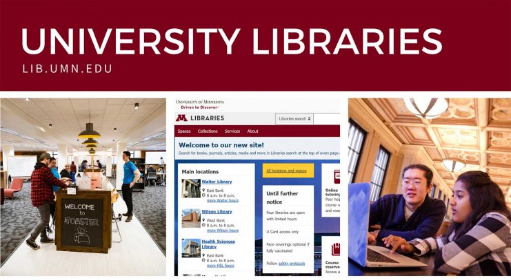 Students in the Toaster Innovation Hub. Screenshot of the Libraries website. Two students working at a laptop computer in Walter Library.