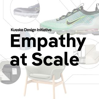 Empathy at Scale exhibit graphic with title overlaying photos of designed products like sneakers and furniture