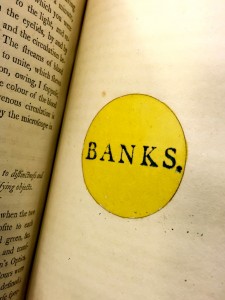 Excerpt from Zoonomia by Erasumus Darwin. The word BANKS in capital letters surrounded by a yellow circle.