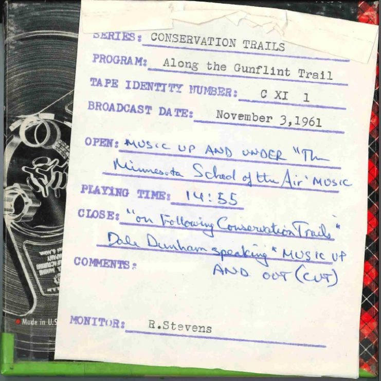 Following Conservation Trails, "Along the Gunflint Trail," November 3, 1961. Written by Nat Johnson, educational advisor for the Minnesota Department of Conservation, this program series promoted the preservation of land and wildlife.