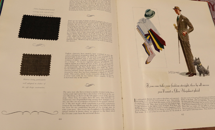 Gentleman’s Quarterly: a spread from the 1920s that includes fabric swatches.