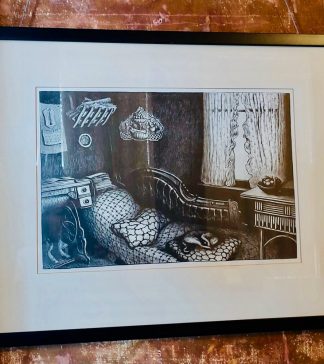 Drawing of a cat sleeping on a comfy day bed in a sunlit room with ruffled curtains.