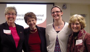 Left to right - Marty Lewis-Hunstiger (managing editor), Riane Eisler (editor in chief), Liz Weinfurter (production editor), and Teddie Potter (executive editor)