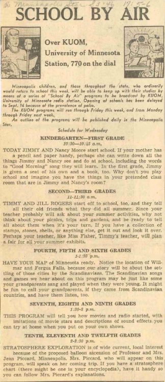 Local newspapers, to include the Minneapolis Star in the September 3, 1946 edition, regularly published and promoted the schedule of "School By Air" programs.
