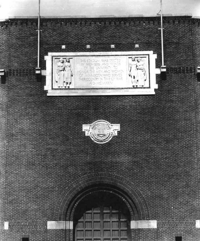 Memorial Stadium Processional Arch, circa 1928. Available at http://brickhouse.lib.umn.edu/items/show/574. Memorial Stadium was razed in 1992, but the Processional Arch lives on in McNamara Alumni Center.