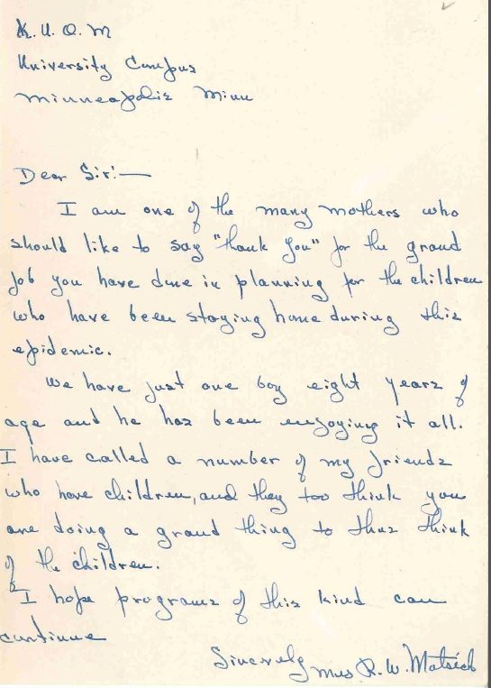 Letter received from Mrs. R.W. Motsick expressing appreciation, 1946.