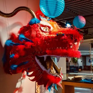 Fabricated dragon's head, for use in exhibitions at the U of M Libraries
