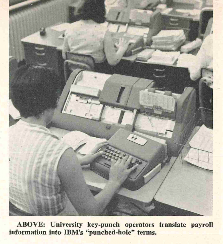 University key-punch operators translate payroll information into IBM's "punched-hole" terms.