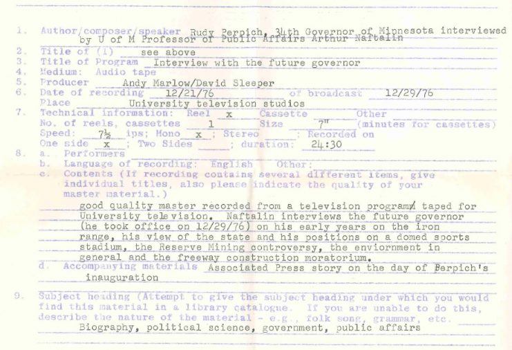 Tape insert with broadcast details. Arthur Naftalin interviews the future governor Rudy Perpich (he took office on December 29, 1976), December 21, 1976.