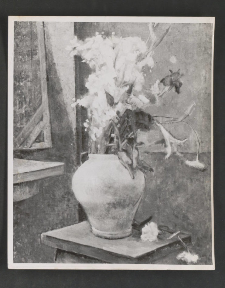 A photo of a piece of artwork on display in the Korea Art Exhibit in 1958. Source: University of Minnesota Archives, Frederick R. Weisman Art Museum records (ua-00004): Korean Art: Gift to University of Minnesota, 1958 (Box 89, Folder 8).