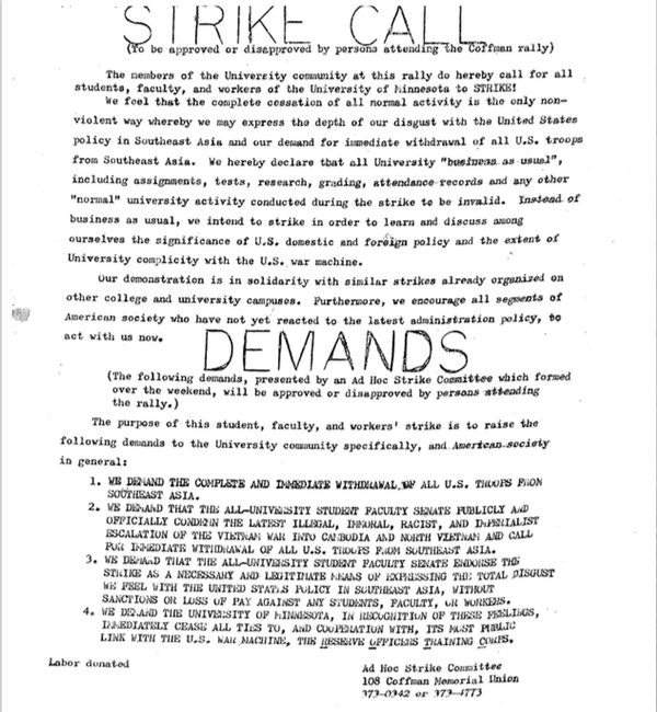 The "Strike Call" flier announcing the student strike beginning and the demands of the strike. Bill Tilton papers, University Archives, University of Minnesota, Twin Cities.