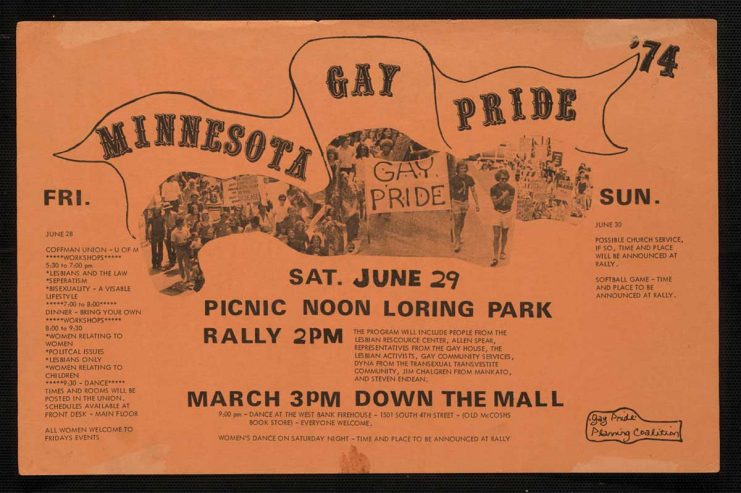 When this poster was created for the 1974 Pride weekend, some details — a women’s dance, a possible church service, and a softball game — were not yet decided. 