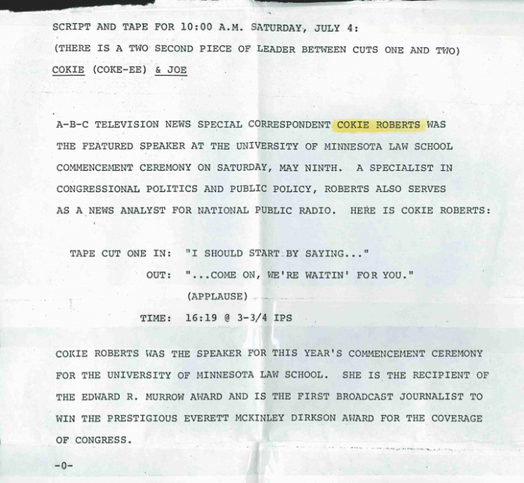 Typed piece of paper folded in fours with the text "A-B-C television news special correspondent Cokie ROberts was the featured speaker at the University of Minnesota Law School."
