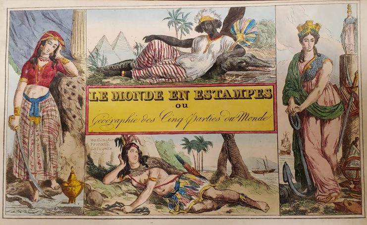 Title page of a youth atlas, showing the continents stereotypically personified as women.