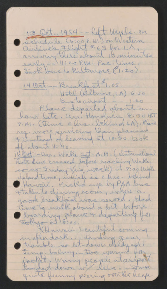 A page from the diary of Arthur Schneider, project director on-site at SNU. The entry is dated October 13, 1954, the day he departed Minneapolis for Seoul, Korea. Source: University of Minnesota Archives, Arthur E. Schneider Papers (uarc 1142): Diary, 1954 (Box 1 Folder 2).