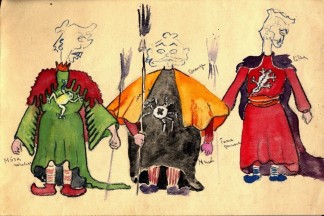 Sketches of three puppets. The bodies are in full color but the heads are only drawn in outlines. There are notes, written in Estonian, to confirm color selections. The three male puppets are all dressed in long tunics with capes. The drawing was created in the Augsburg (Germany) Displaced Persons Camp, circa 1946.