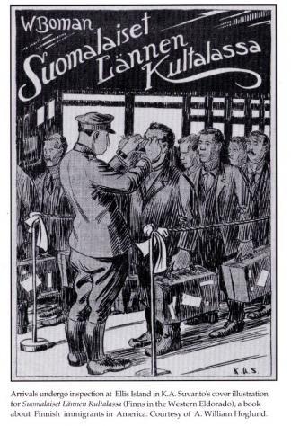 Black and white illustration by K. A. Suvantoo showing man inspecting immigrants at Ellis Island, New York