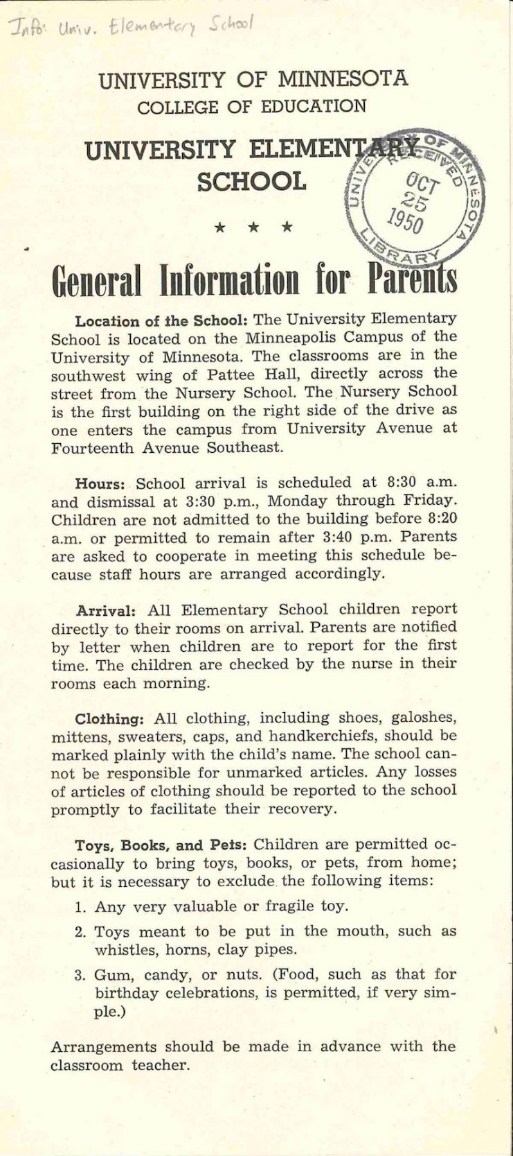 University Elementary School informational brochure from 1950 located in the University Elementary School information file in the University Archives reference collection.
