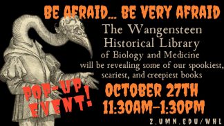 Halloween @ Wangensteen flyer, featuring an illustration of Aldrovandi's stork man.