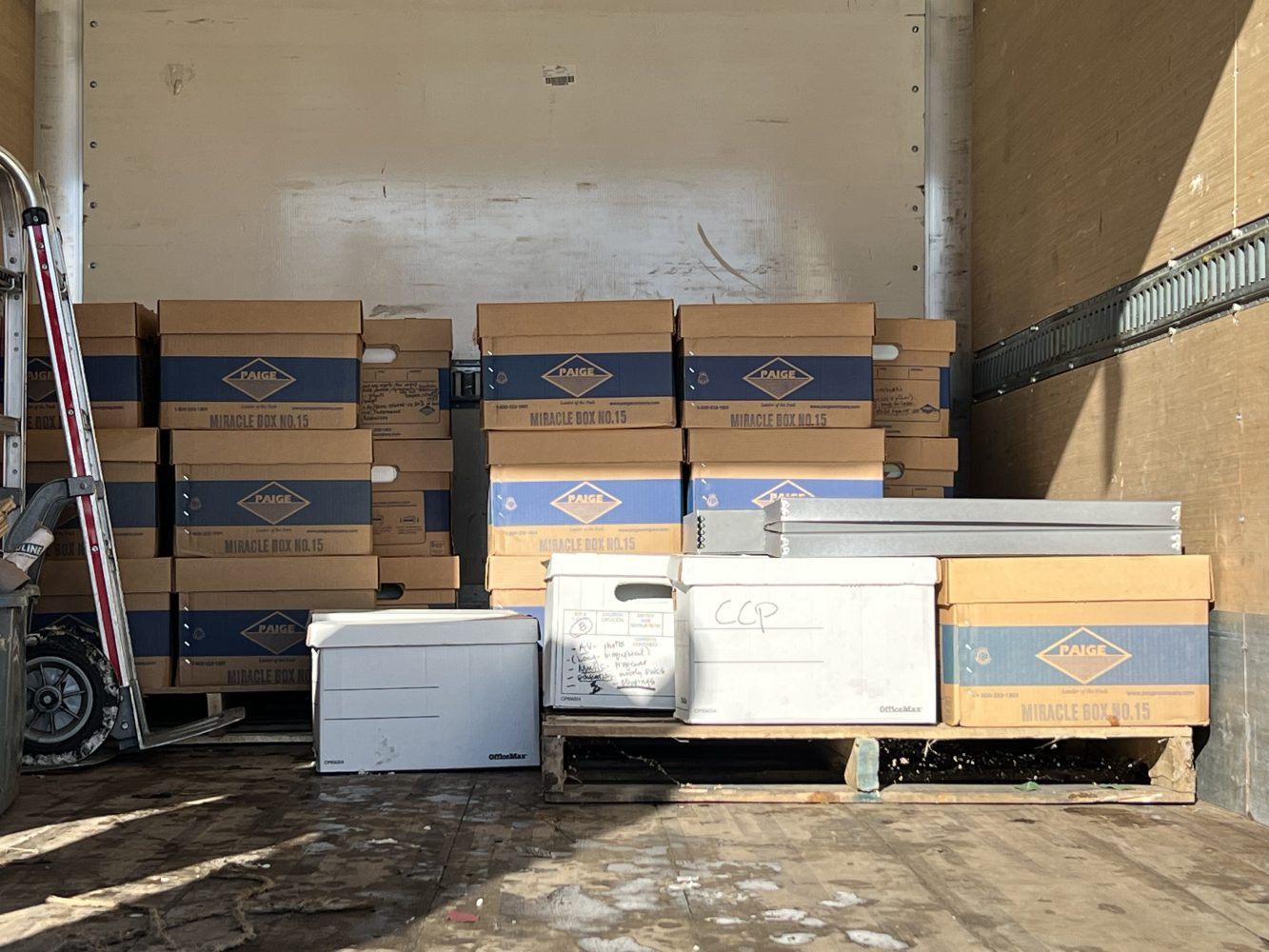 Boxes of materials from the Larry Long Archive, recently acquired by the Performing Arts Archives