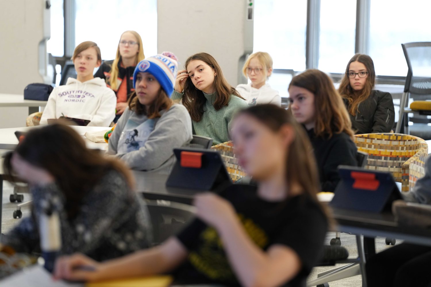 Twin City students work on their National History Day projects at Wilson Library during the annual Gopherbaloo on Saturday, Jan. 13, 2024. (Photo/Luke Logan)