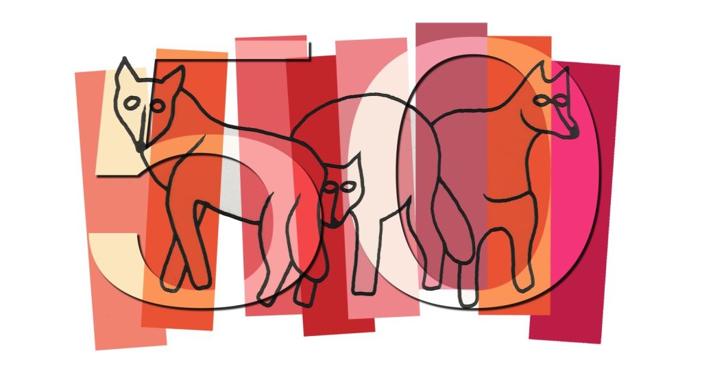 Graywolf 50th Anniversary art featuring the Graywolf logo overlaid with the the number 50 and vertical blocks of color